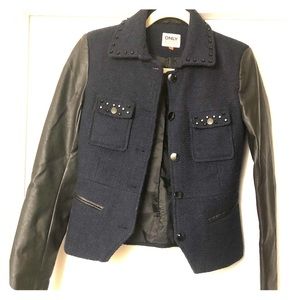 Navy Wool & Black Leather Studded Blazer Jacket
